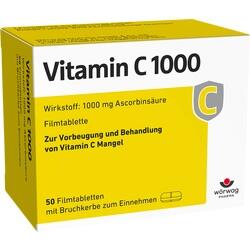 Gelbe Verpackung mit Vitamin C 1000 Tabletten zur Behandlung von Vitamin C Mangel.