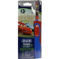 Bunte Kinderzahnbürste in Verpackung mit Autos von "Cars" und blau-rotem Griff.