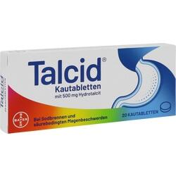Schachtel von Talcid-Kautabletten gegen Sodbrennen, 20 Tabletten.