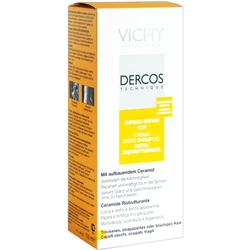 Weiße Schachtel mit orangefarbener Seite einer Haarpflegekur von Vichy Dercos.