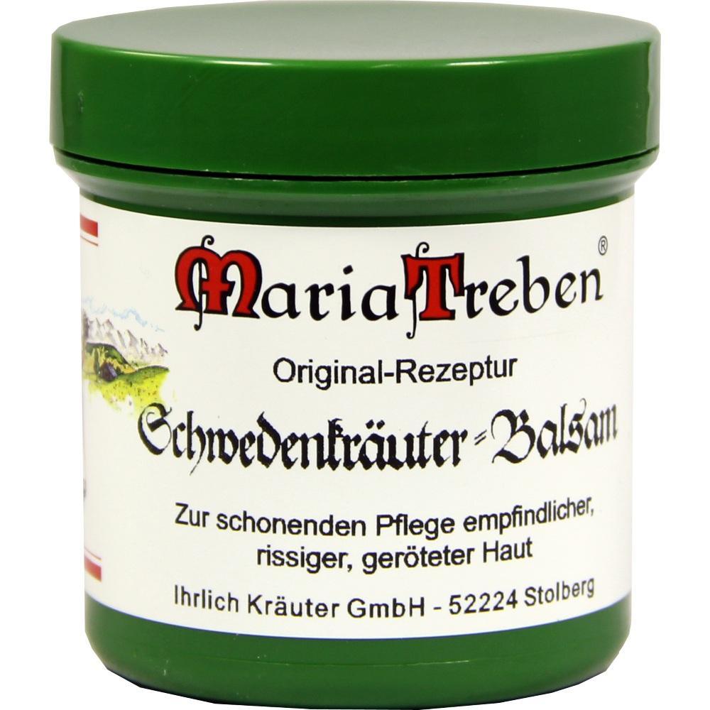 Grünes Tiegel mit der Aufschrift "Schwedenkräuter-Balsam" von Maria Treben.